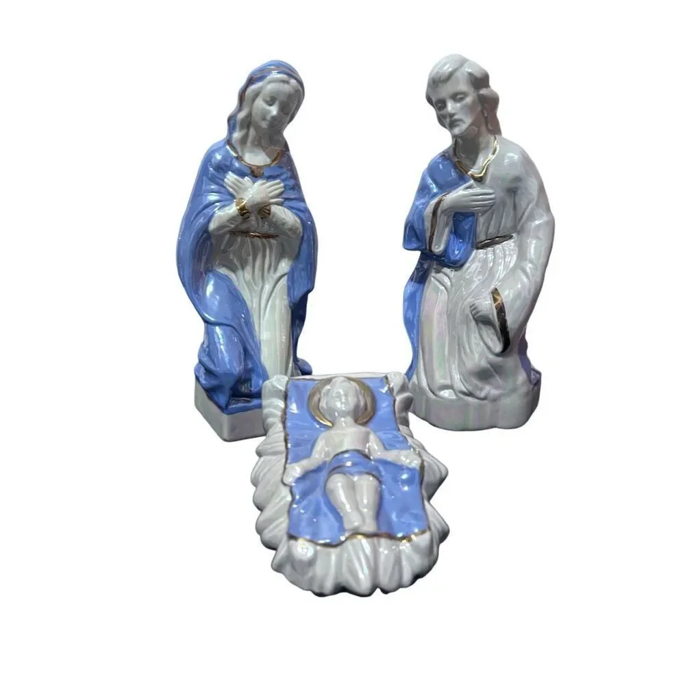 Porcelain Nativity Set Holy Family Joseph Mary Jesus Blue